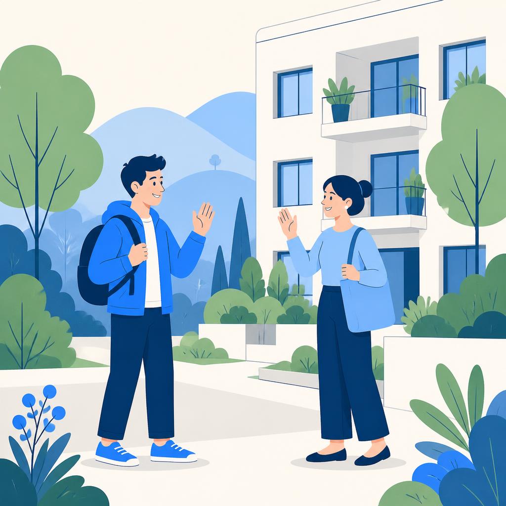 Two neighbours greeting each other outside their building